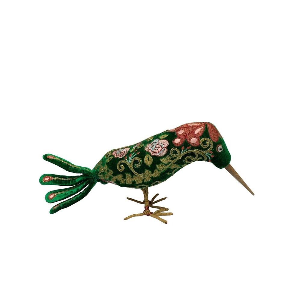 Anke Drechsel Kingfisher Embroidered Velvet Bird Figurine Green Floral Decor